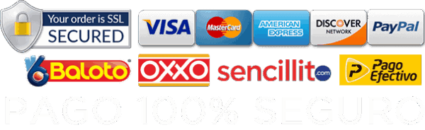 Pago 100% seguro — Visa, Mastercard, American Express, PayPal, Baloto, OXXO, Sencillito, Pago Efectivo
